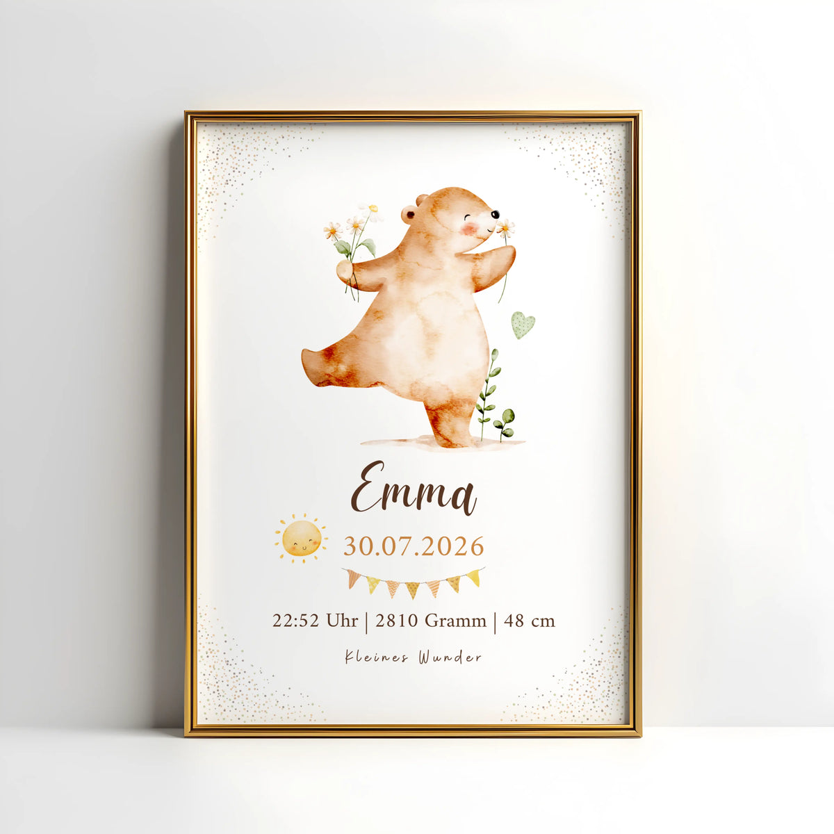 Personalisiertes Geburtsposter Bär mit Blumen und Sonne, fröhlicher Bär mit Blumen auf Aquarellhintergrund.
