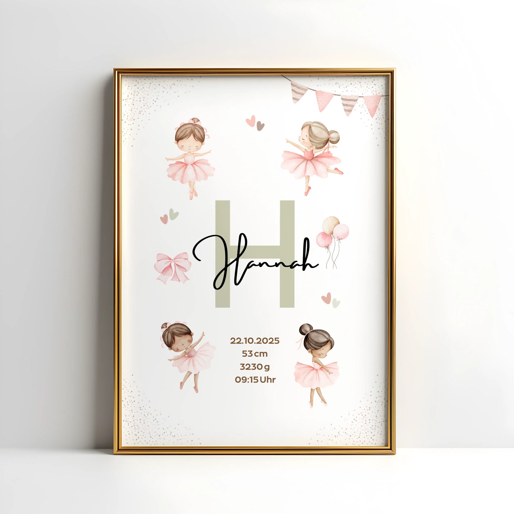 Personalisiertes Geburtsposter Ballerina mit Name Hannah und Geburtsdaten in pastellfarbenem Design.