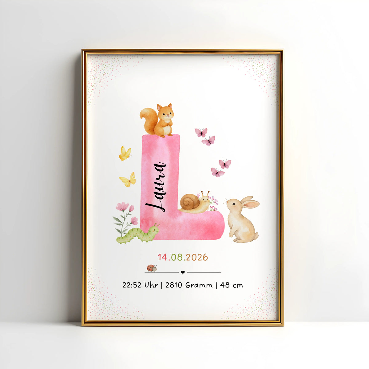 Personalisiertes Buchstabenposter Waldtiere mit Anfangsbuchstabe, Name und Geburtsdaten