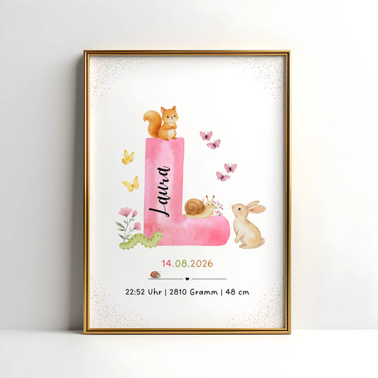 Personalisiertes Buchstabenposter Waldtiere mit Anfangsbuchstabe, Name und Geburtsdaten