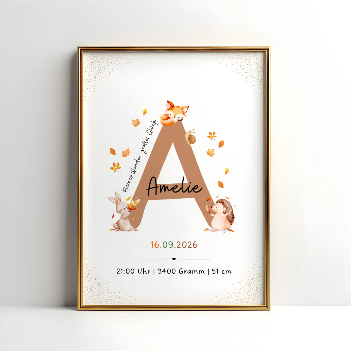 Personalisiertes Buchstabenposter Herbst mit Waldtieren, Anfangsbuchstabe und Geburtsdaten