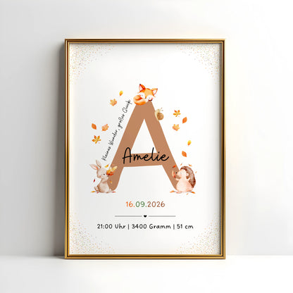 Personalisiertes Buchstabenposter Herbst mit Waldtieren, Anfangsbuchstabe und Geburtsdaten