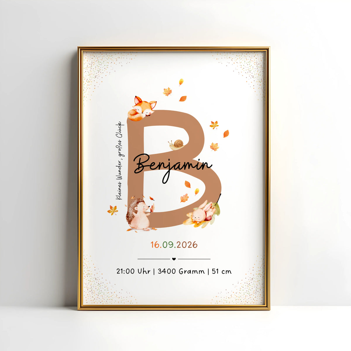 Personalisiertes Buchstabenposter mit herbstlichen Waldtieren für Benjamin, personalisiert mit Anfangsbuchstaben.