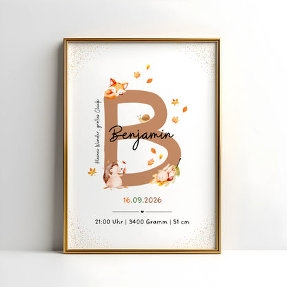 Personalisiertes Buchstabenposter mit herbstlichen Waldtieren für Benjamin, personalisiert mit Anfangsbuchstaben.