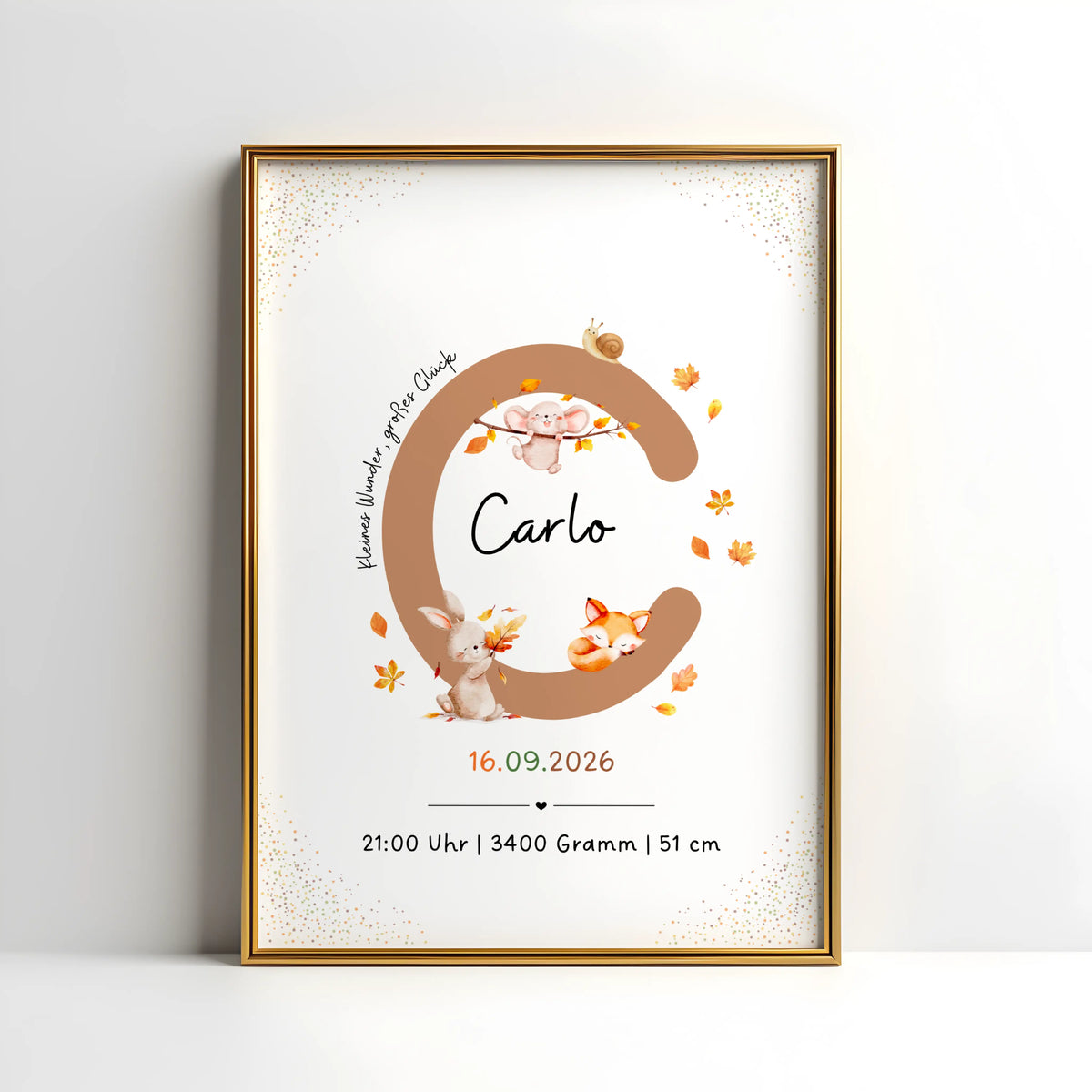 Personalisiertes Buchstabenposter mit herbstlichen Waldtieren, gestaltet für Carlo, mit großen Anfangsbuchstaben.