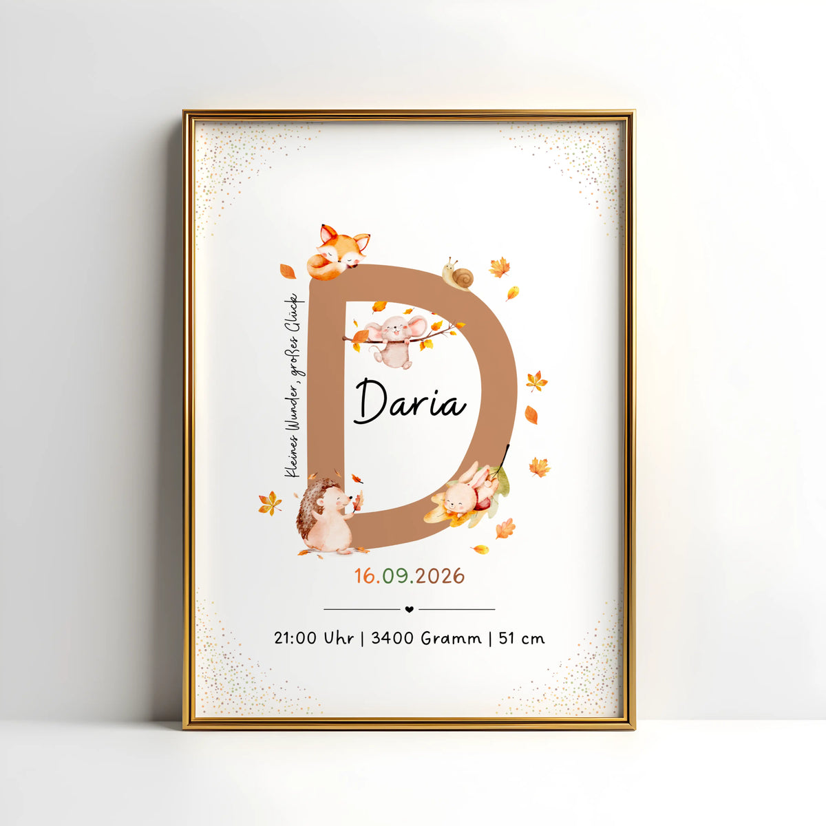 Personalisiertes Buchstabenposter mit herbstlichen Waldtieren und dem Namen Daria.