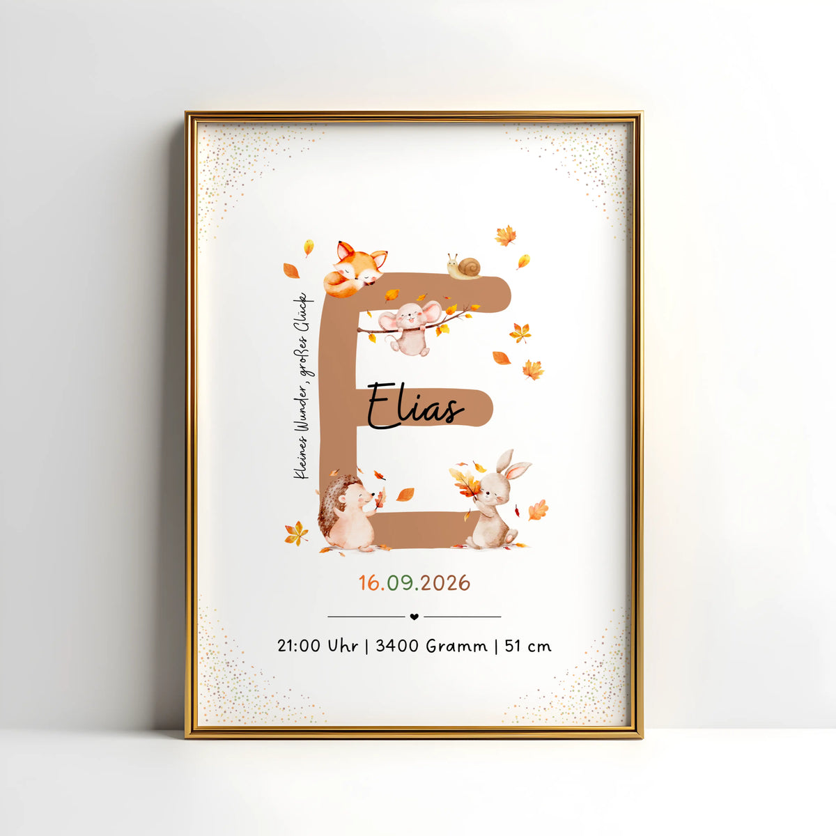 Personalisiertes Buchstabenposter mit herbstlichen Waldtieren für Elias, gestaltet mit einem großen E.
