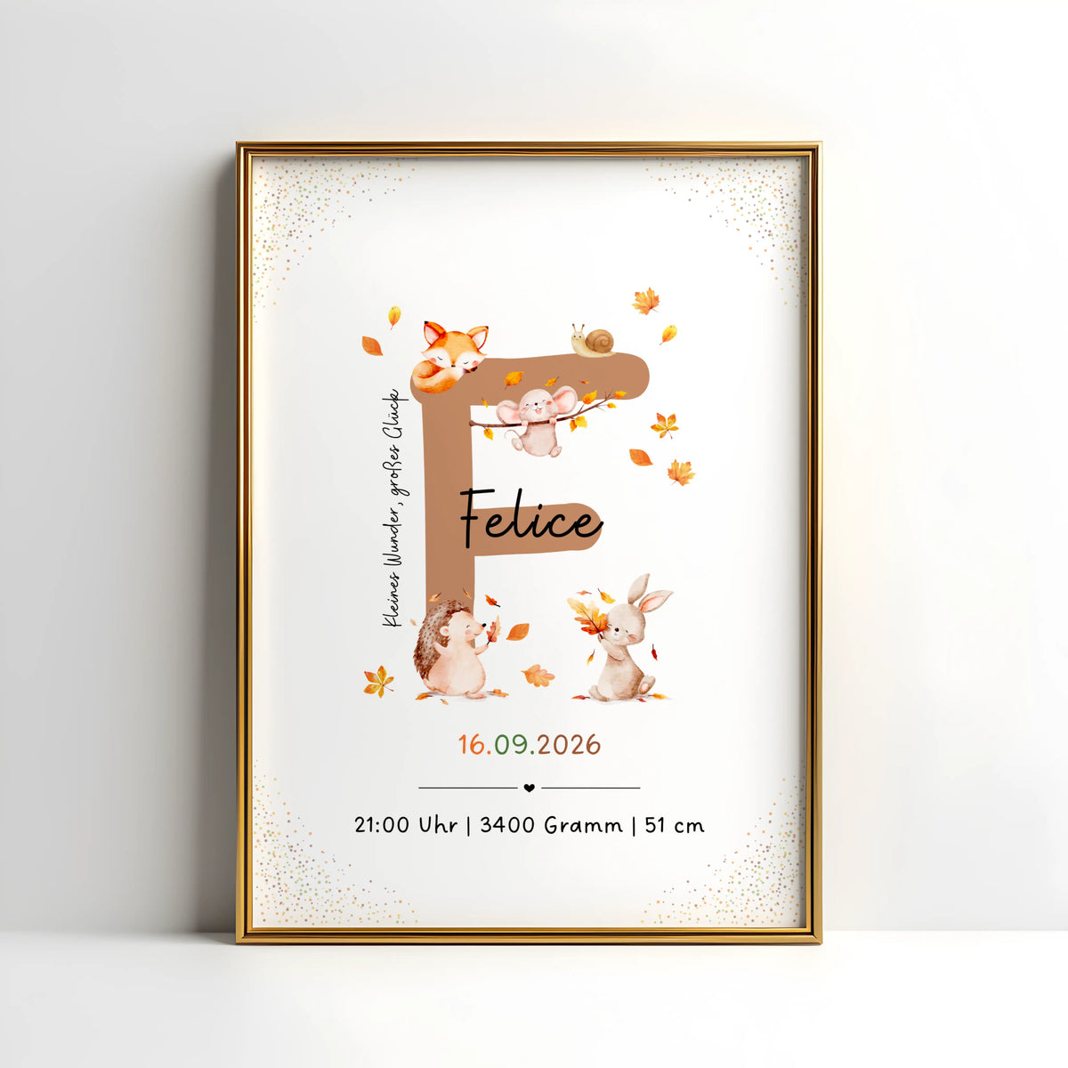 Personalisiertes Buchstabenposter mit herbstlichen Waldtieren für Felice, Gestaltung mit F und Tieren.