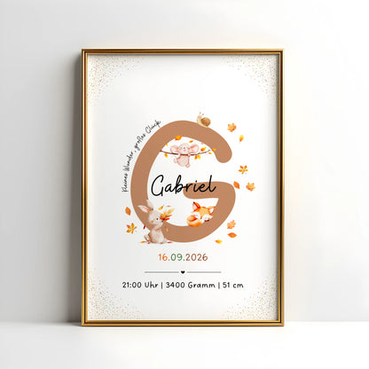 Personalisiertes Buchstabenposter mit herbstlichen Waldtieren, personalisiertes Buchstabenposter für Kinderzimmer.