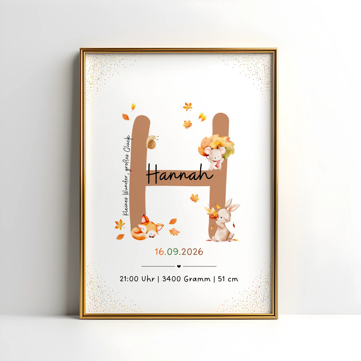 Personalisiertes Buchstabenposter mit herbstlichen Waldtieren für Hannah, schönes Geschenk zur Geburt.