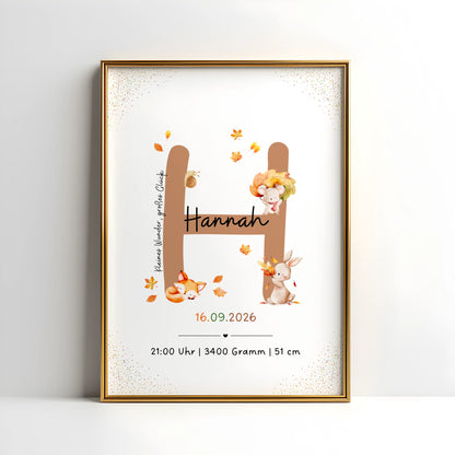 Personalisiertes Buchstabenposter mit herbstlichen Waldtieren für Hannah, schönes Geschenk zur Geburt.