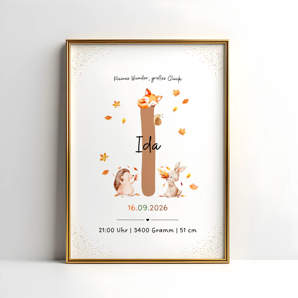 Personalisiertes Buchstabenposter mit herbstlichen Waldtieren für Ida, individuelle Namensgestaltung.