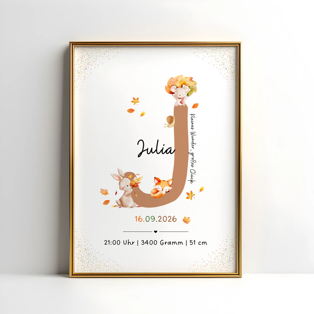 Personalisiertes Buchstabenposter mit herbstlichen Waldtieren und dem Buchstaben J für Julia.