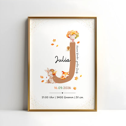 Personalisiertes Buchstabenposter mit herbstlichen Waldtieren und dem Buchstaben J für Julia.