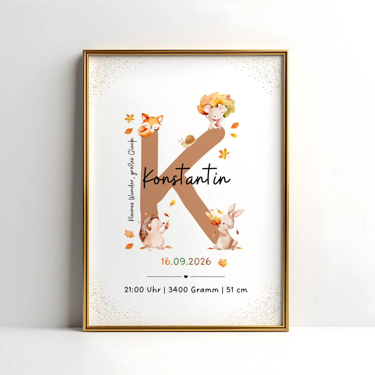 Personalisiertes Buchstabenposter mit herbstlichen Waldtieren für Konstantin, 16.09.2026.