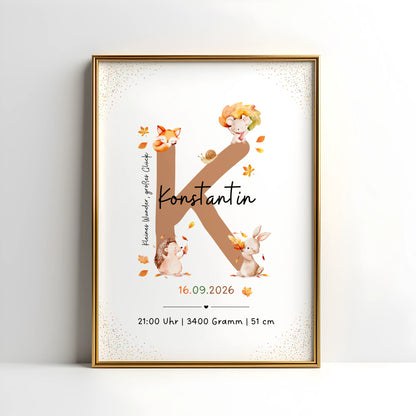 Personalisiertes Buchstabenposter mit herbstlichen Waldtieren für Konstantin, 16.09.2026.