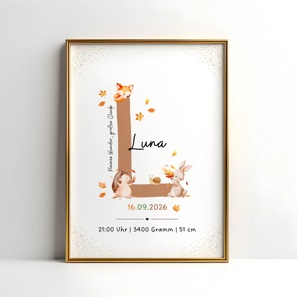 Personalisiertes Buchstabenposter mit herbstlichen Waldtieren und dem Namen Luna.
