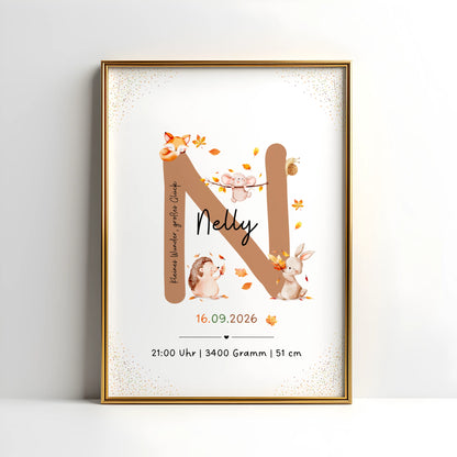 Personalisiertes Buchstabenposter mit einem großen Buchstaben N und herbstlichen Waldtieren für Nelly.
