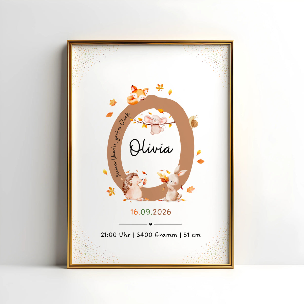 Personalisiertes Buchstabenposter mit herbstlichen Waldtieren und dem Namen Olivia.