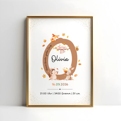 Personalisiertes Buchstabenposter mit herbstlichen Waldtieren und dem Namen Olivia.