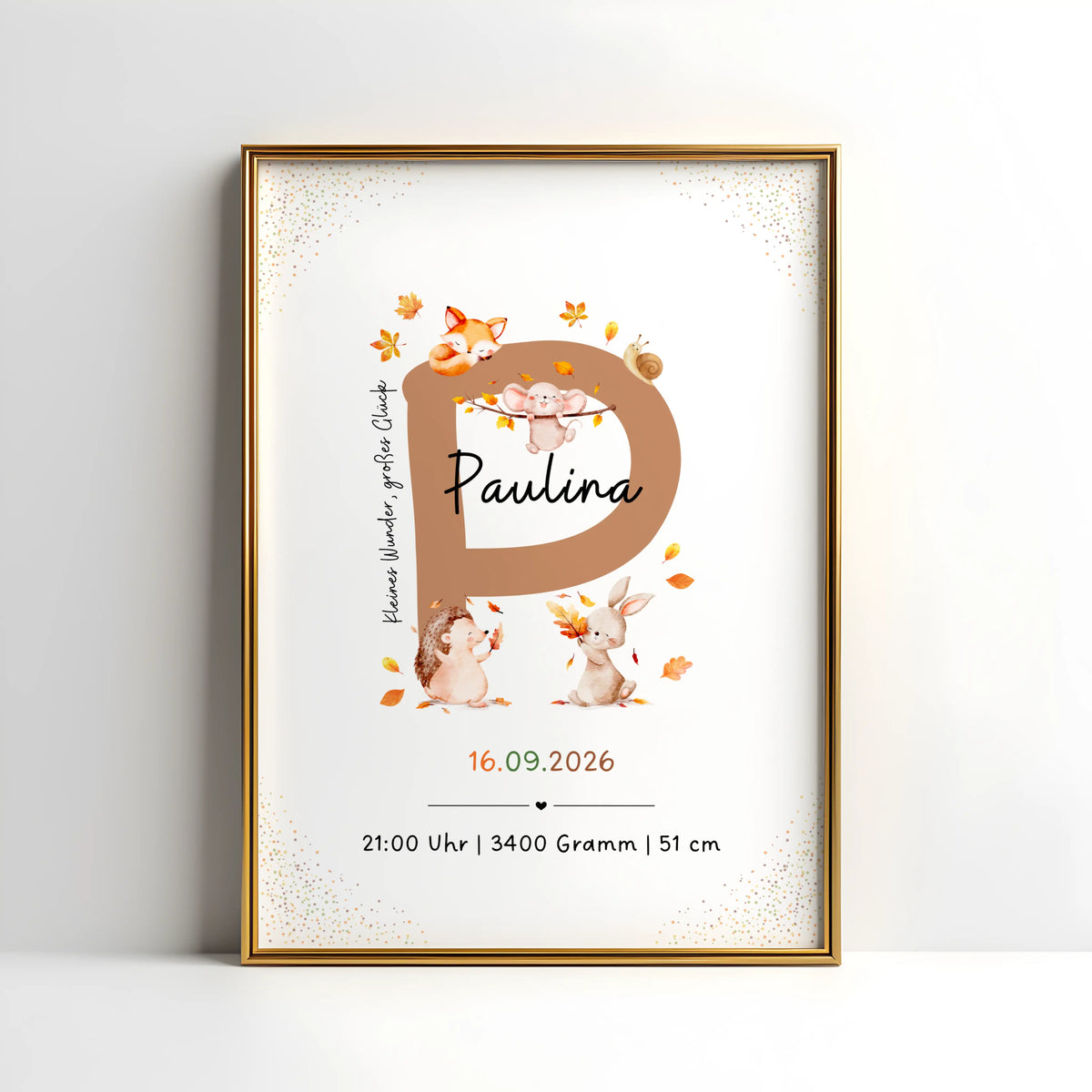 Personalisiertes Buchstabenposter mit herbstlichen Waldtieren, gestaltet für Paulina, inklusive Geburtsdaten.