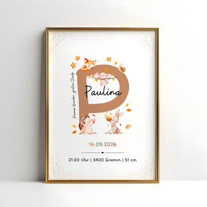 Personalisiertes Buchstabenposter mit herbstlichen Waldtieren, gestaltet für Paulina, inklusive Geburtsdaten.