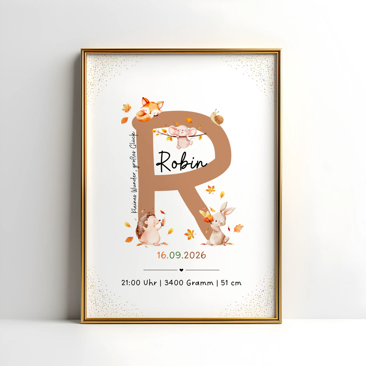 Personalisiertes Buchstabenposter mit herbstlichen Waldtieren, gestaltet mit dem Namen Robin.