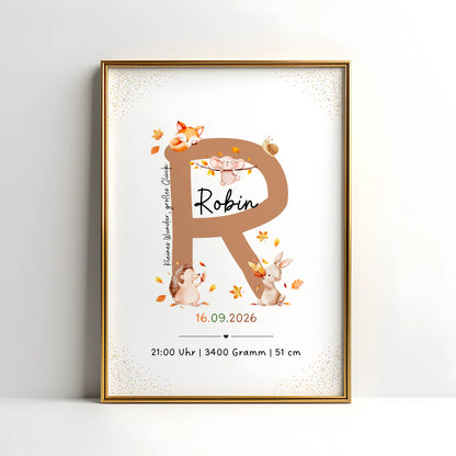 Personalisiertes Buchstabenposter mit herbstlichen Waldtieren, gestaltet mit dem Namen Robin.