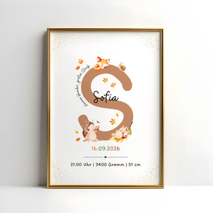 Personalisiertes Buchstabenposter mit herbstlichen Waldtieren und großem S für Sofia.