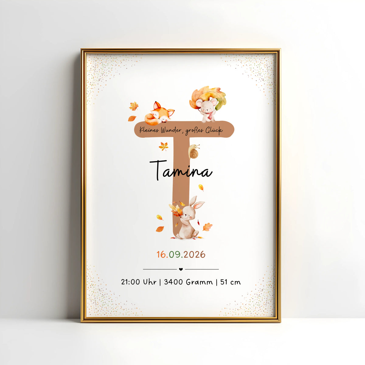 Personalisiertes Buchstabenposter mit herbstlichen Waldtieren, designed für Tamina.
