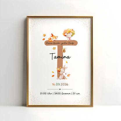 Personalisiertes Buchstabenposter mit herbstlichen Waldtieren, designed für Tamina.
