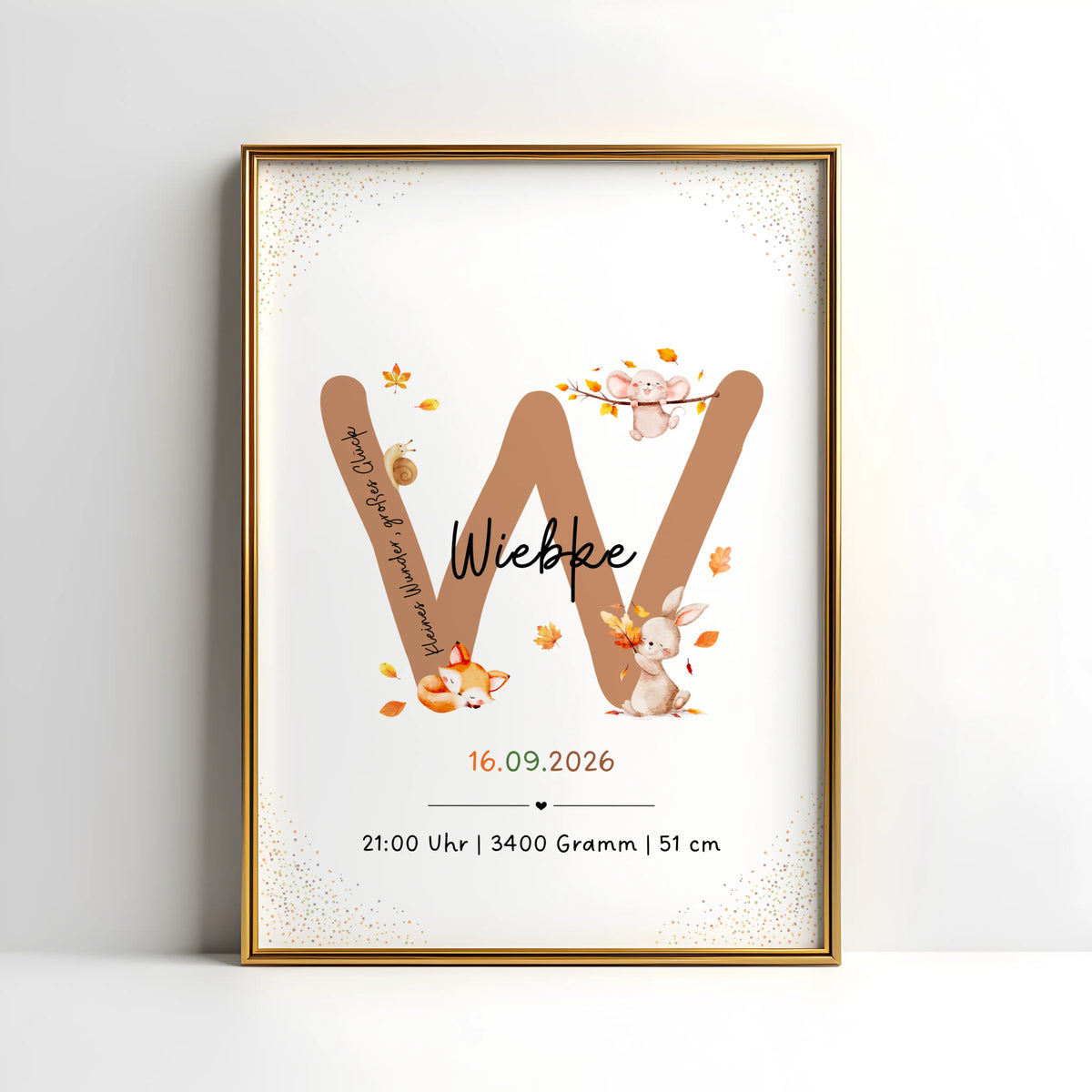 Personalisiertes Buchstabenposter mit herbstlichen Waldtieren des Buchstaben W für Wiebke