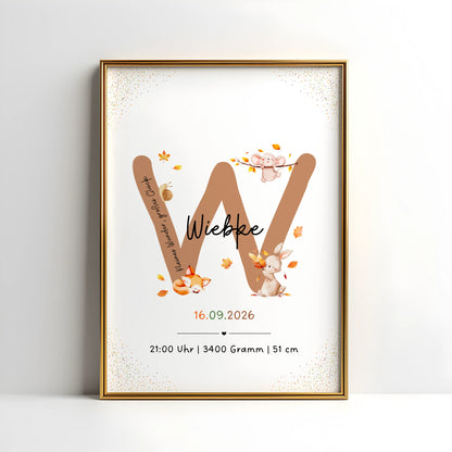 Personalisiertes Buchstabenposter mit herbstlichen Waldtieren des Buchstaben W für Wiebke