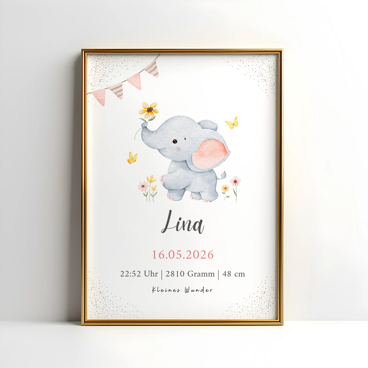 Personalisiertes Geburtsposter Elefant mit Blumen, Name und individuellen Geburtsdaten