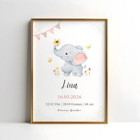 Personalisiertes Geburtsposter Elefant mit Blumen, Name und individuellen Geburtsdaten