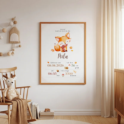 Personalisiertes Geburtsposter Fuchs mit Herbstblättern im Kinderzimmer mit süßem Fuchs und herbstlichen Details.