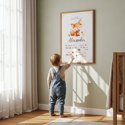 Personalisiertes Geburtsposter Fuchs mit Herbstblättern, Kind betrachtet Poster mit Geburtstagsdaten.