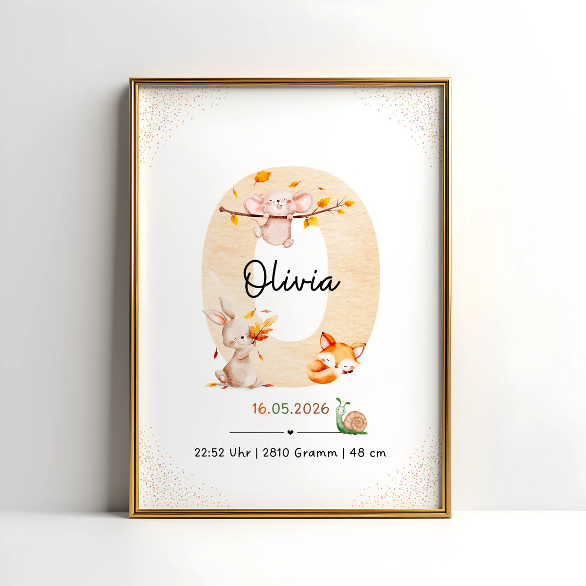 Personalisiertes Buchstabenposter mit Waldtieren, goldener Rahmen, für das Kind Olivia, Herbstdesign.