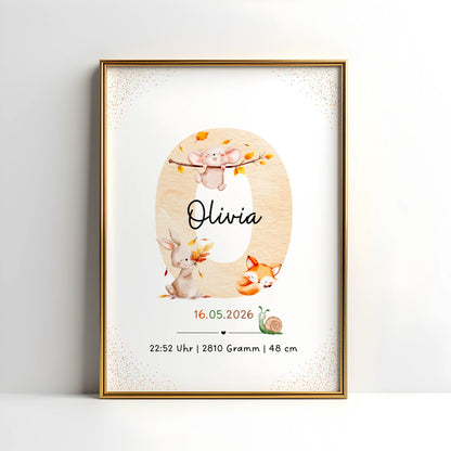 Personalisiertes Buchstabenposter mit Waldtieren, goldener Rahmen, für das Kind Olivia, Herbstdesign.