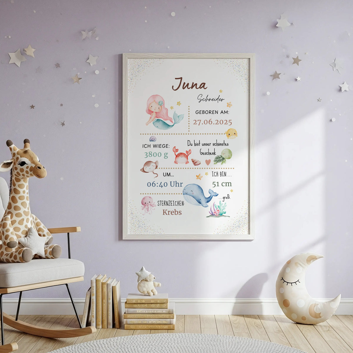 Personalisiertes Geburtsposter Meerjungfrau mit Meerestieren für Baby Juni, Geburtstagsdatum und Details.