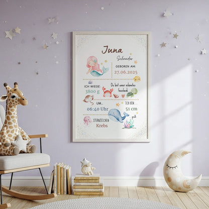 Personalisiertes Geburtsposter Meerjungfrau mit Meerestieren für Baby Juni, Geburtstagsdatum und Details.