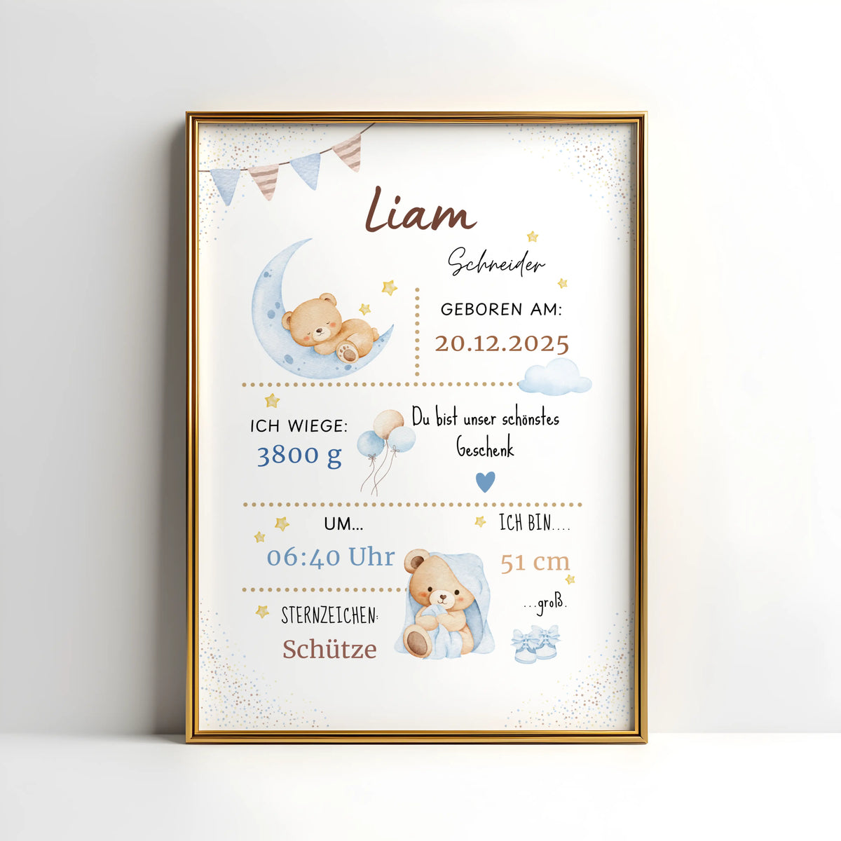 Personalisiertes Geburtsposter schlafender Bär auf dem Mond mit Geburtsdaten und Babydesign.