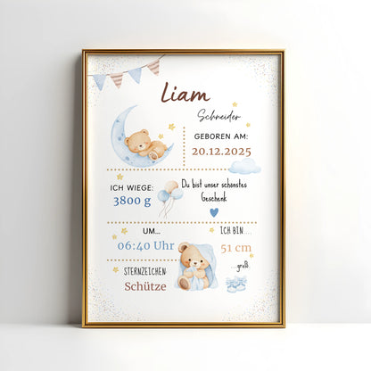 Personalisiertes Geburtsposter schlafender Bär auf dem Mond mit Geburtsdaten und Babydesign.