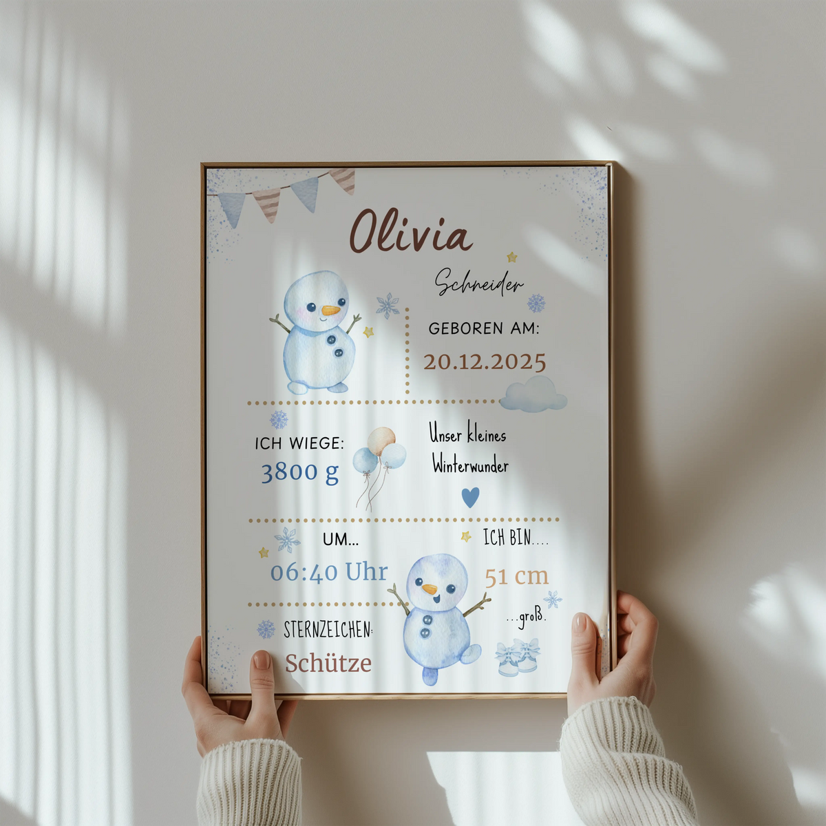 Personalisiertes Geburtsposter Winterbaby mit Schneemännern in sanftem Aquarellstil, erstellt von Kibimemories.