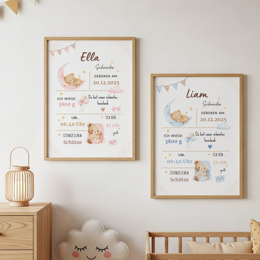 Personalisiertes Geburtsposter schlafender Bär auf dem Mond für Ella und Liam in Rosa und Blau