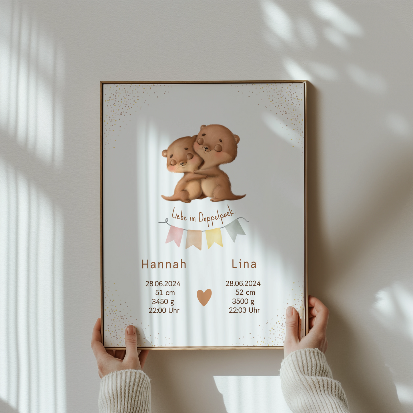 Zwillinge personalisiertes Geburtsposter Otter Motiv mit Namen und Geburtsdaten personalisiert