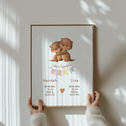 Zwillinge personalisiertes Geburtsposter Otter Motiv mit Namen und Geburtsdaten personalisiert