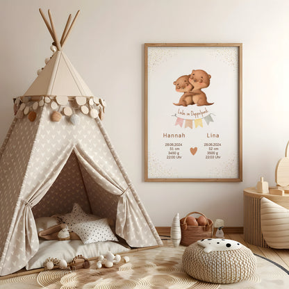 Personalisiertes Geburtsposter Wanddeko fürs Babyzimmer – Otter Geburtsposter Zwillinge