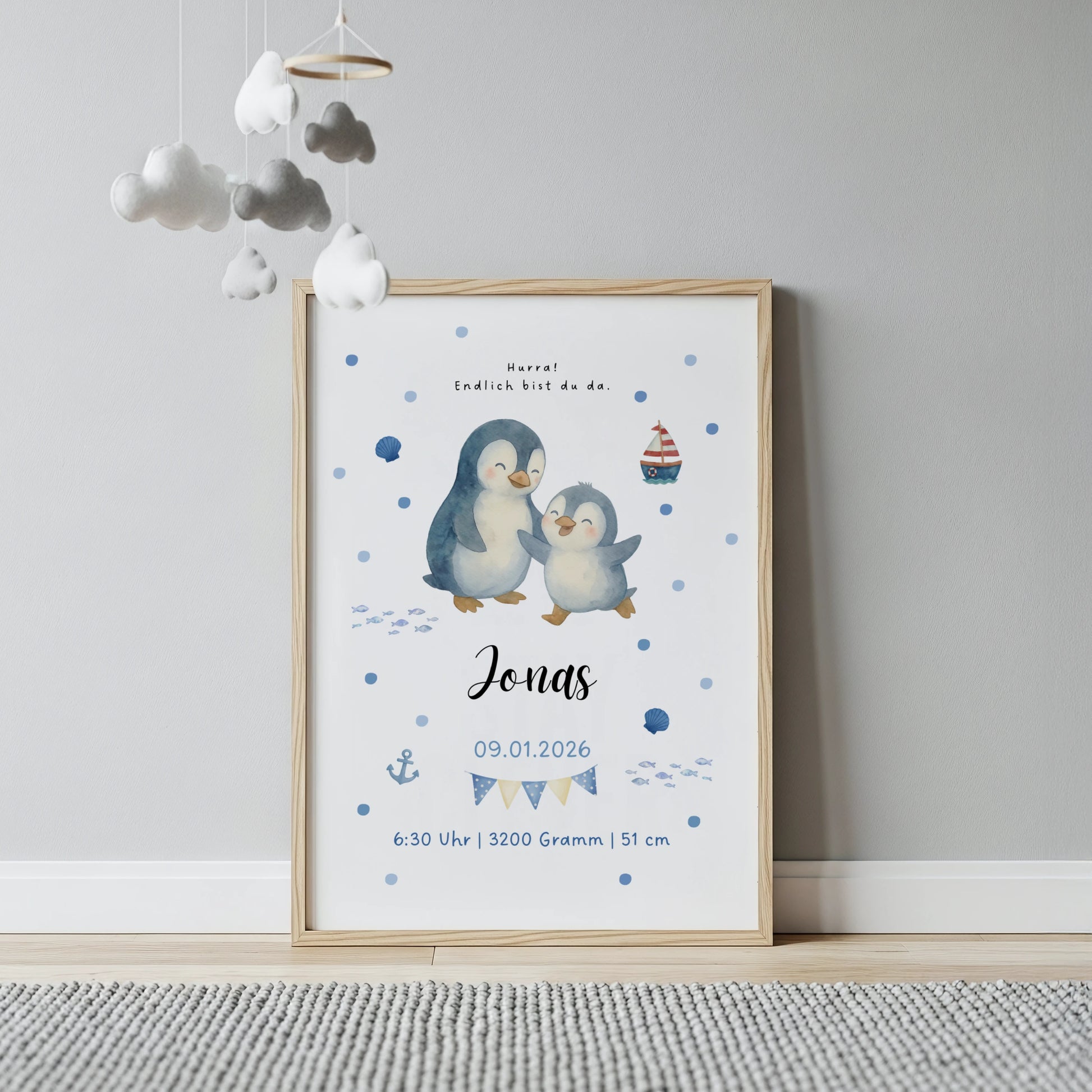 Personalisiertes Geburtsposter Kinderzimmer Wanddeko mit Pinguin Mama und Baby Tiermotiv