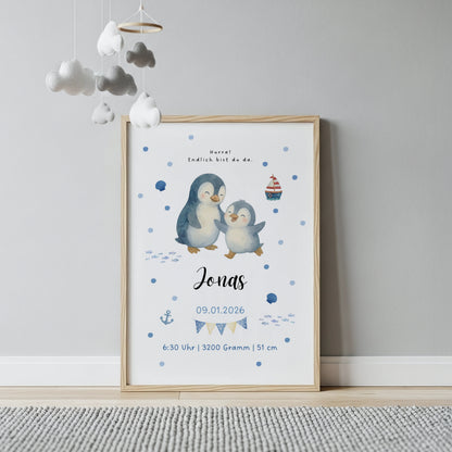 Personalisiertes Geburtsposter Kinderzimmer Wanddeko mit Pinguin Mama und Baby Tiermotiv